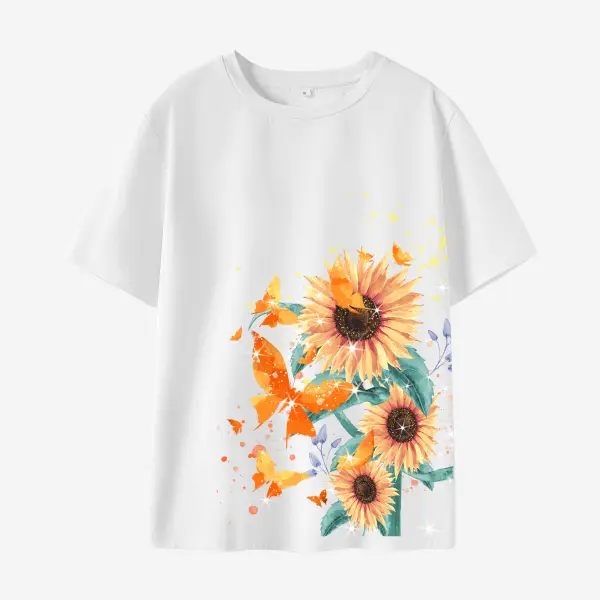 Women Cotton Stain Resistant Butterflies And Flowers Print Short Sleeve T-Shirt - Lukalula.com 