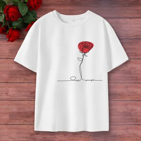 Women Cotton Stain Resistant Red Roses And Letters Print Short Sleeve T-Shirt - Lukalula.com 