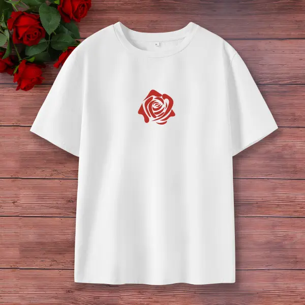 Women Cotton Stain Resistant Red Roses Print Short Sleeve T-Shirt - Lukalula.com 