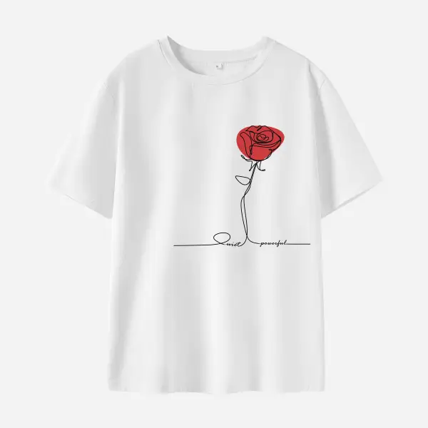 Women Cotton Stain Resistant Red Roses And Letters Print Short Sleeve T-Shirt - Popopieshop.com 