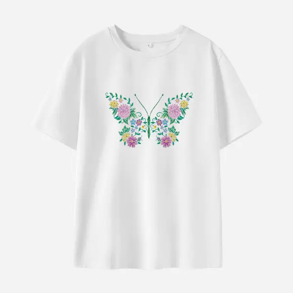 Women Cotton Stain Resistant Butterfly Print Short Sleeve T-shirt - Lukalula.com 