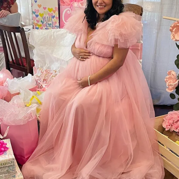 Maternity Multicolor Mesh V-Neck Ruffle Photoshoot Dress - Lukalula.com 