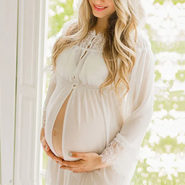Maternity White Chiffon Lace Off Shoulder Photoshoot Dress - Lukalula.com 