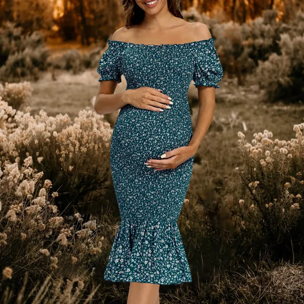 Maternity Small Floral Print Off The Shoulder Photoshoot Dress - Lukalula.com 
