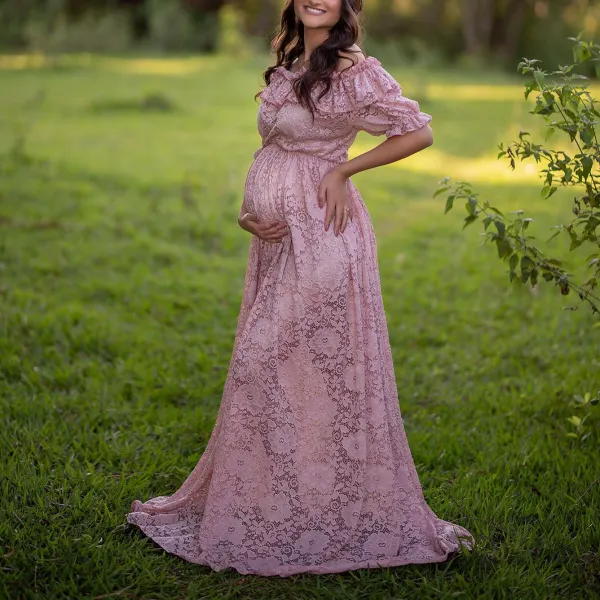 Maternity Elegant Pink Lace Ruffle Off-the-Shoulder Dress Maxi Photoshoot Dress - Lukalula.com 