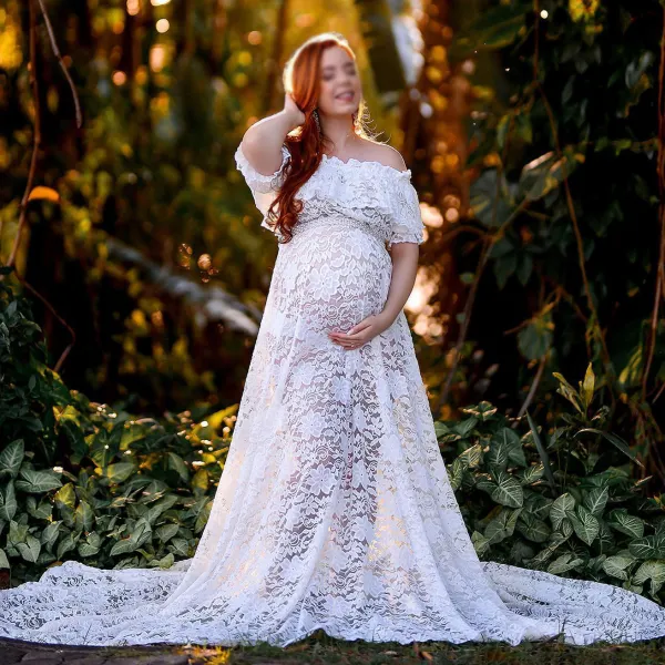 Maternity Elegant White Lace Ruffle Off-the-Shoulder Dress Maxi Photoshoot Dress - Lukalula.com 