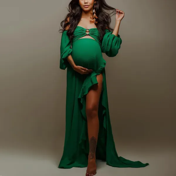 Maternity Sexy Ruffle Split Dress Off-the-Shoulder Green Maxi Photoshoot Dress - Lukalula.com 