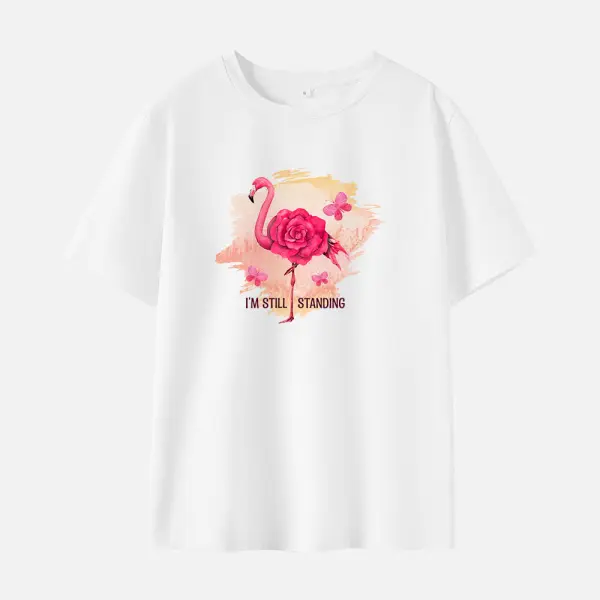 Women Cotton Stain Resistant Flamingo Print Short Sleeve Tee - Popopieshop.com 