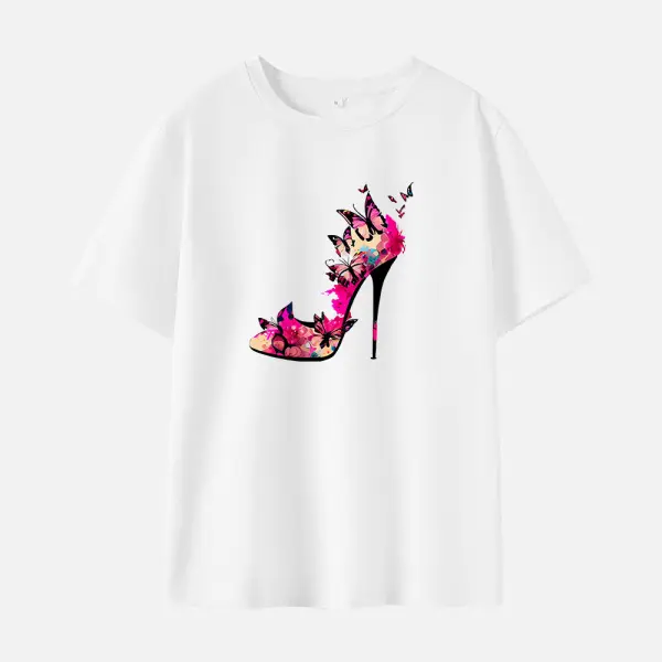 Women Cotton Stain Resistant Butterfly Print Short Sleeve Tee - Popopieshop.com 