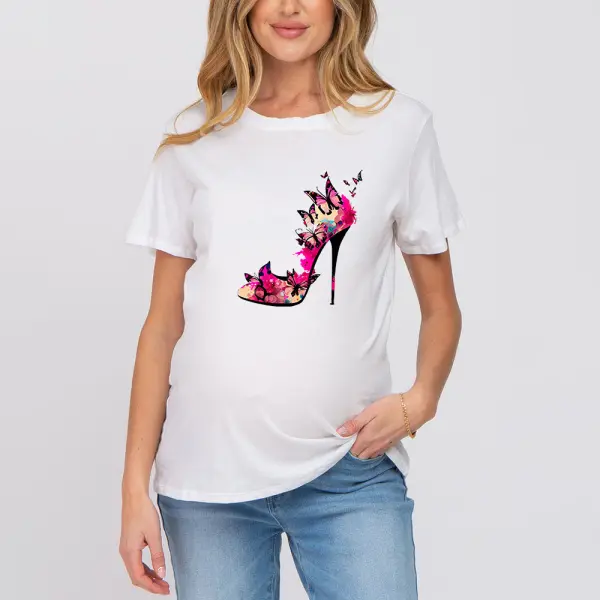 Women Cotton Stain Resistant Butterfly Print Short Sleeve Tee - Lukalula.com 