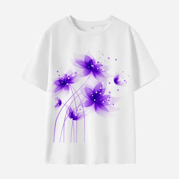 Women Cotton Stain Resistant Flowers Print Short Sleeve T-Shirt - Lukalula.com 