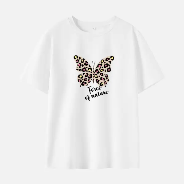 Women Cotton Stain Resistant Leopard Butterfly And Letter Print Short Sleeve T-Shirt - Lukalula.com 