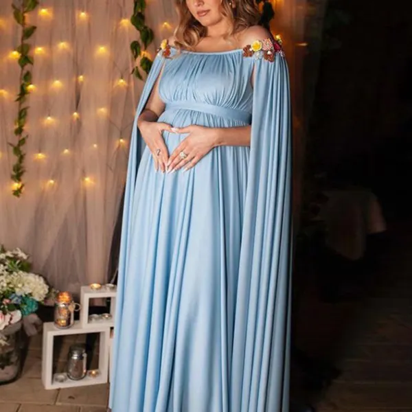 Maternity Blue Off Shoulder Photoshoot Dress - Lukalula.com 