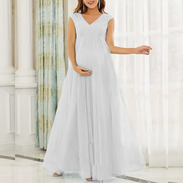 Maternity Lace Chiffon V-Neck Sleeveless Photoshoot Baby Shower Dress - Lukalula.com 