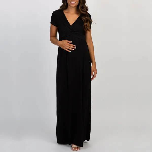Maternity Solid Color V-Neck Short Sleeve Photoshoot Baby Shower Dress - Lukalula.com 