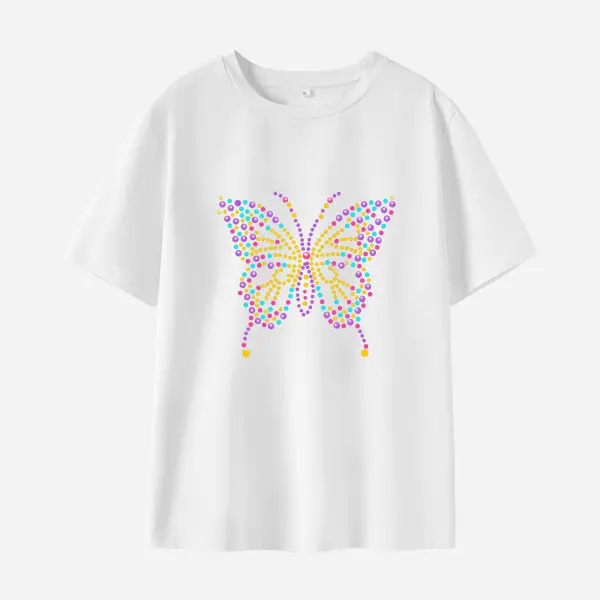 Women Cotton Stain Resistant Butterfly Print Short Sleeve T-shirt - Lukalula.com 