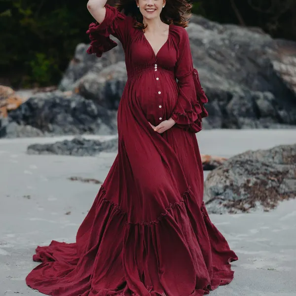 Maternity Red Ruffle V-Neck Long Dress Photoshoot Baby Shower Dress - Lukalula.com 