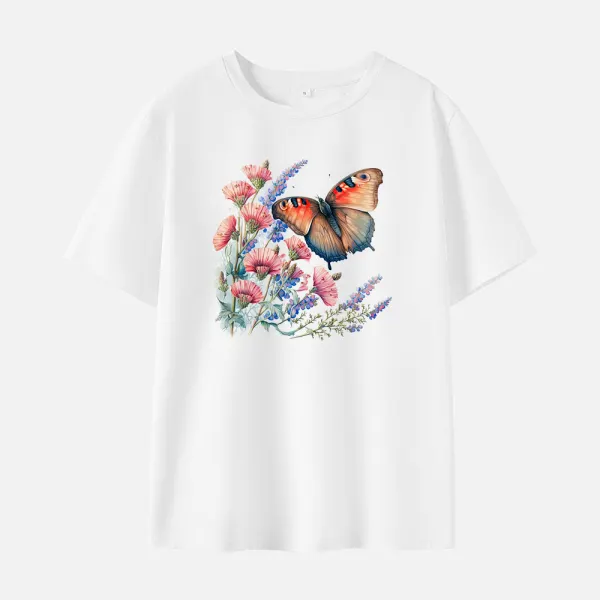 Women Cotton Stain Resistant Butterfly Print Short Sleeve Tee - Lukalula.com 