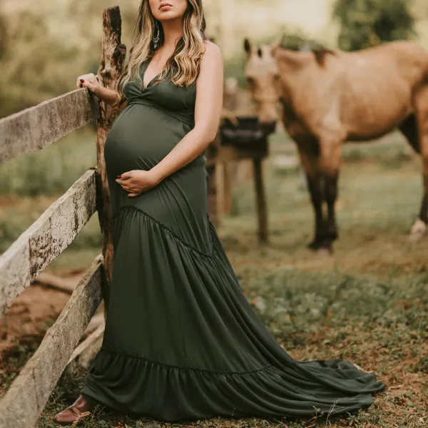 Maternity Dark Green V-Neck Sleeveless Backless Photoshoot Dress - Lukalula.com 