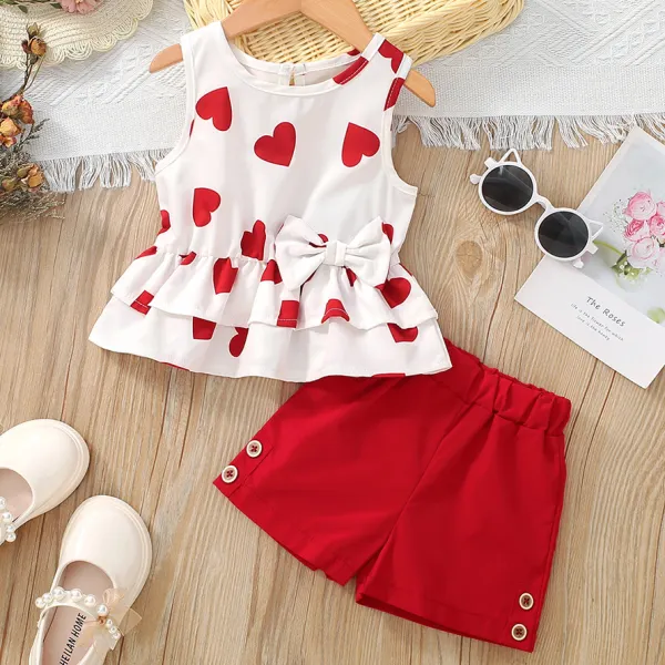 【18M-7Y】2-Piece Girls Heart Shape Print Top And Red Shorts Set - Lukalula.com 