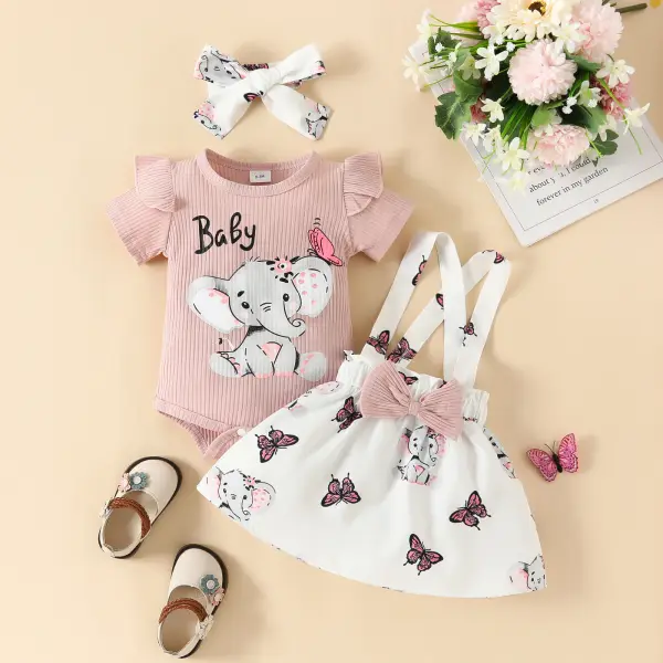 【0M-18M】3-Piece Baby Girl Cute Elephant And Letter Print Romper And Butterfly Skirt Set With Hair Band Only $26.62 - Lukalula.com 