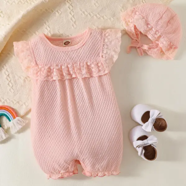 【3M-24M】2-Piece Baby Girl Pink Short-Sleeved Romper With Hat - Lukalula.com 