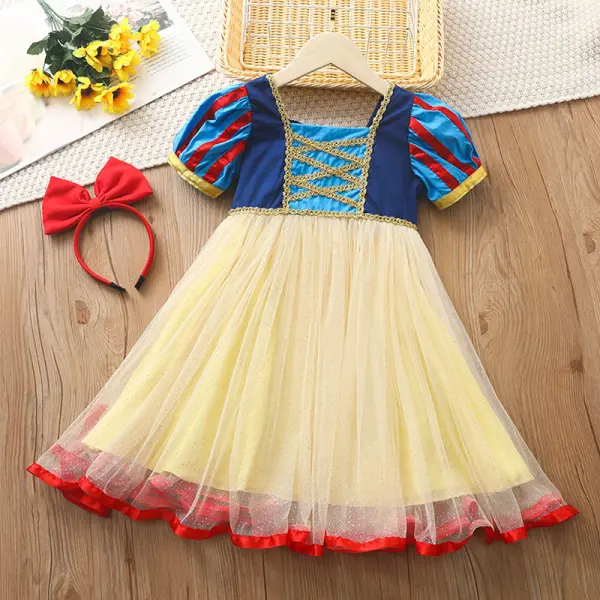 【2Y-10Y】2-piece Girl Cute Snow White Square Neck Puff Sleeve Princess Dress With headband - 33340 - Popopieshop.com 
