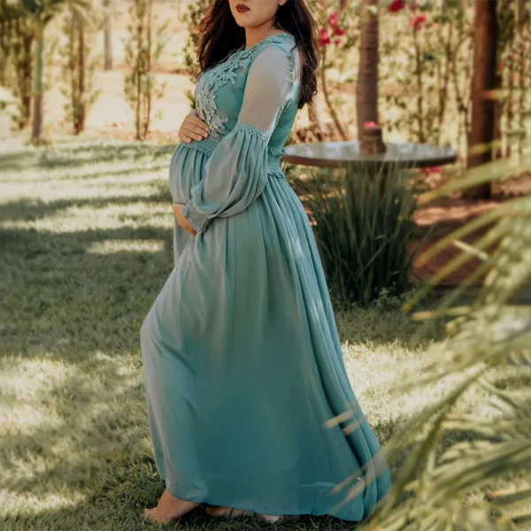 Maternity Green Chiffon Lace Long Sleeve Photoshoot Dress - Lukalula.com 