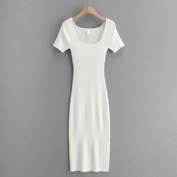 Maternity Skinny Elastic Square Neck Knit Solid Color Slit Short Sleeve Bodycon Maxi Dress Only $64.22 - Lukalula.com 