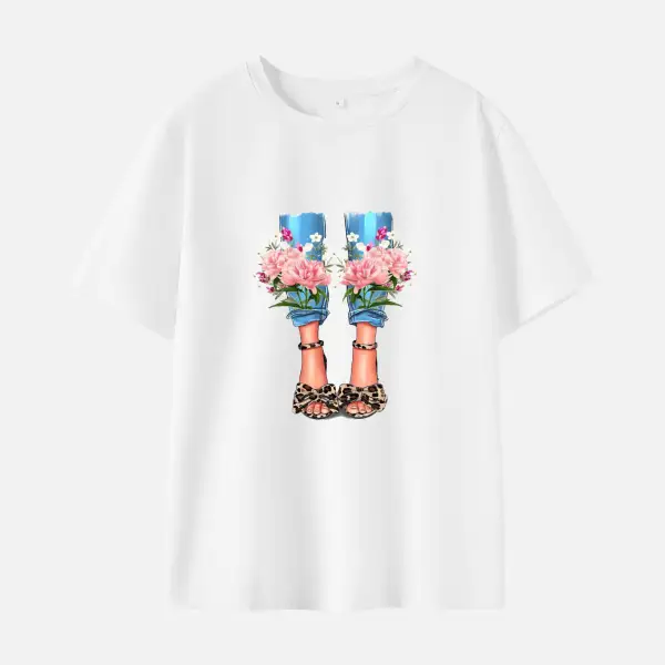 Women Fashion Woman High Heel Print Cotton Stain Resistant Short Sleeve T-shirt - Popopieshop.com 