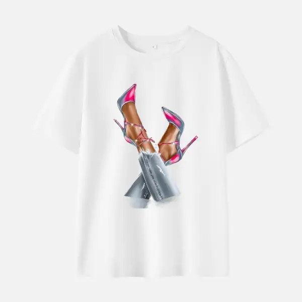 Women Fashion Woman High Heel Print Cotton Stain Resistant Short Sleeve T-shirt - Popopieshop.com 