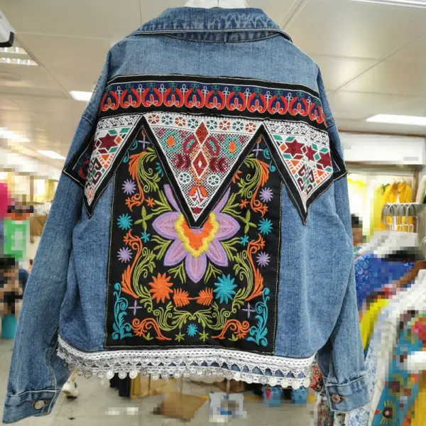 Spring And Autumn Heavy Industries Embroidered Patch Bohemia Retro Travel Vacation Loose Denim Jacket - Lukalula.com 