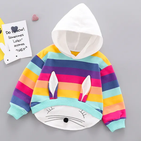 【12M-5Y】Girl Cute Rainbow Striped Rabbit Print Hoodie Sweatshirt - Lukalula.com 