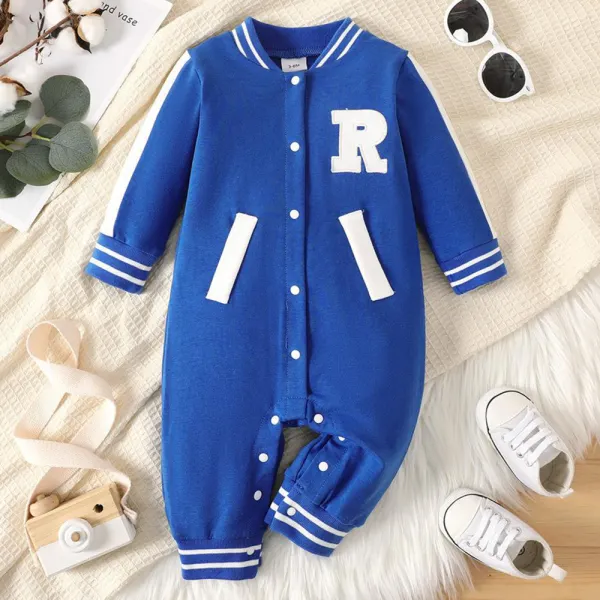 【0M-18M】Baby Boy Casual Cotton Letter Embroidered Color Block Long Sleeve Romper - Lukalula.com 