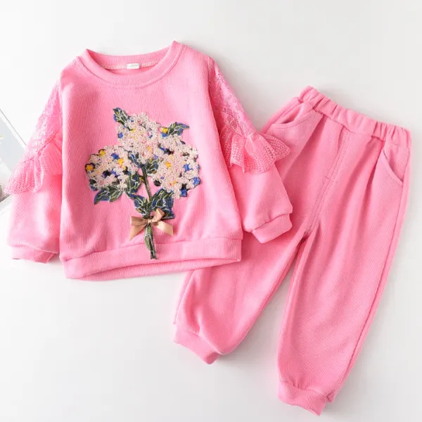 【12M-5Y】2-Piece Girls' Sweet Floral Embroidery And Lace Ruffle Sleeves Long-Sleeved Sweatshirt And Pants Set Only $35.53 - Lukalula.com 