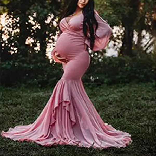 Maternity Elegant V-neck Pink Stitching Ruffled Long-Sleeved Photoshoot Baby Shower Dress - Lukalula.com 