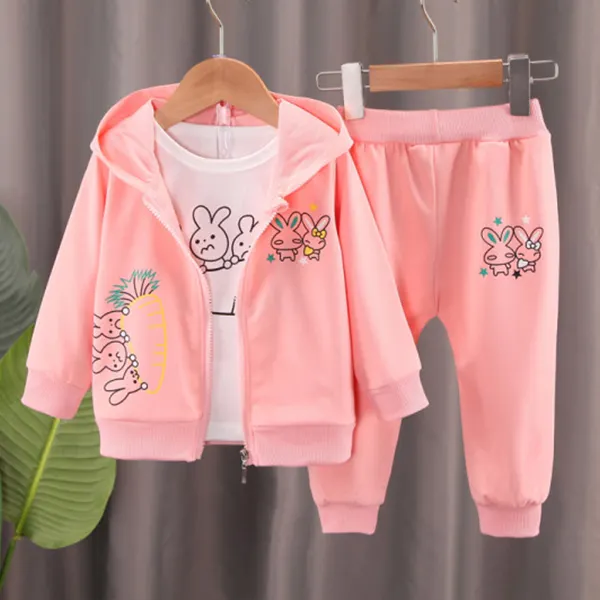 【12M-5Y】Girl 3-piece Cartoon Print Hooded Jackets And Pants And Tee Set - Popopieshop.com 
