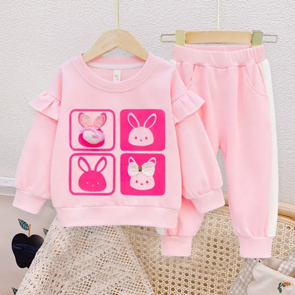 【18M-6Y】Girl Cute Cotton Rabbit Print Ruffle Sweatshirt And Pants Set - Lukalula.com 