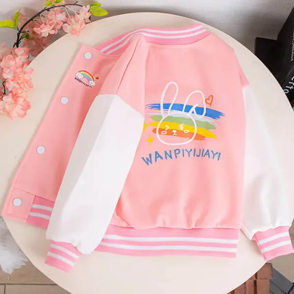 【3Y-12Y】Girls Multicolor Rainbow Bunny Print Baseball Jacket Only $28.62 - Lukalula.com 