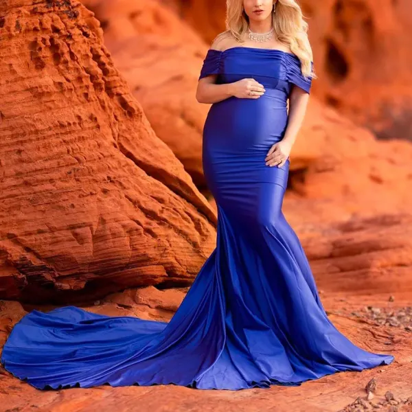 Maternity Elegant Blue Gown Off-the-Shoulder Maxi Photoshoot Dress - Lukalula.com 