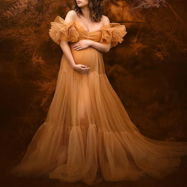 Maternity Orange Mesh Ruffle Off Shoulder Sheer Photoshoot Dress（No Underwear） - Lukalula.com 