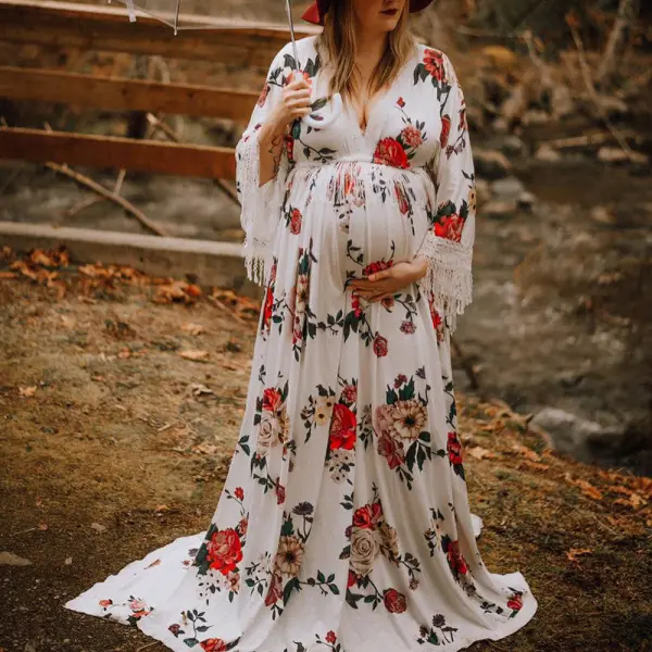 Maternity White Floral V-Neck Photoshoot Baby Shower Dress - Lukalula.com 
