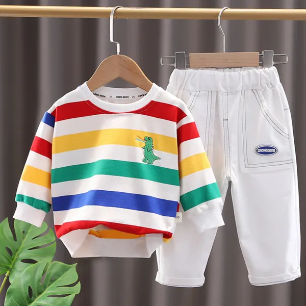 【12M-5Y】2-Piece Boy Casual Rainbow Stripe Dinosaur Embroidered Sweatshirt And Pants Set Only $37.97 - Lukalula.com 