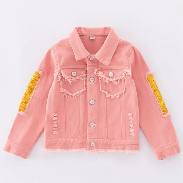 【4Y-12Y】Girls Pink Rainbow Print Denim Jacket - Lukalula.com 