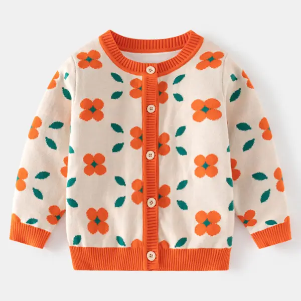 【2Y-8Y】Girls Orange Floral Long Sleeve Sweater Cardigan - Lukalula.com 