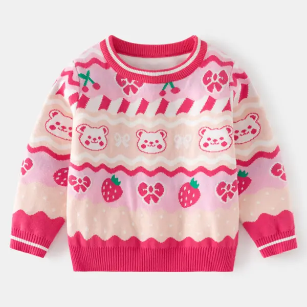 【2Y-8Y】Girls' Pink Strawberry Bear Pattern Round Neck Long Sleeve Sweater - Lukalula.com 