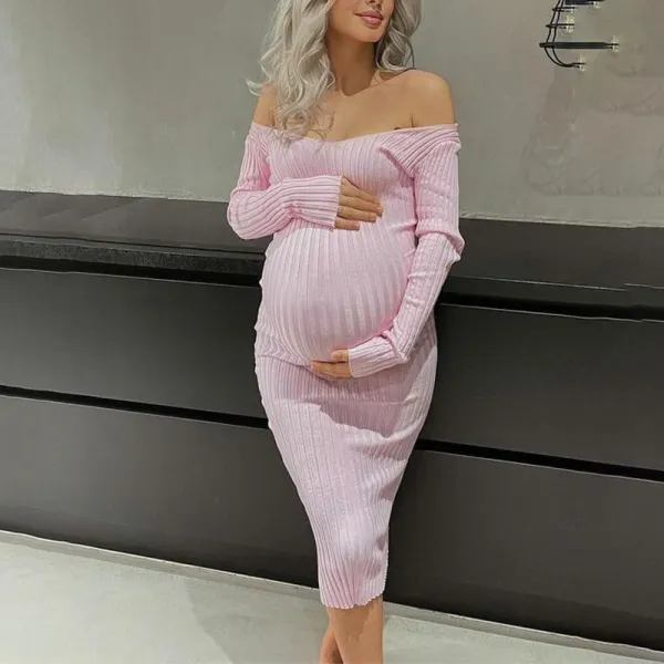 Maternity Pink Solid Knitted Rib Fabric Off Shoulder V-neck Fall Fashion Photoshoot Maxi Dress - Lukalula.com 