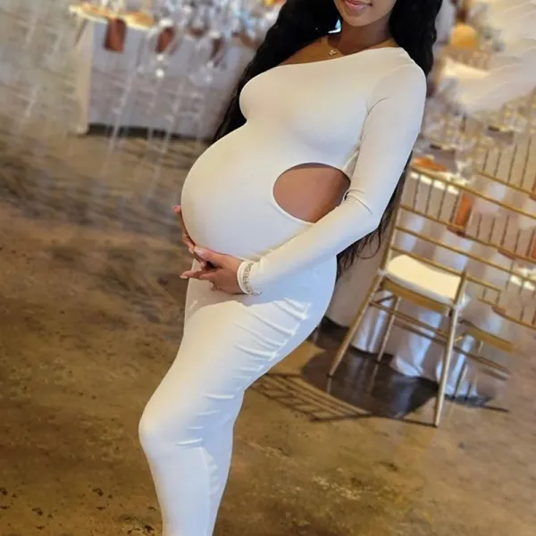 One Shoulder Cut Out Irregular Bodycon Long Sleeve Fashion Baby Shower Maternity Maxi Dress Only $36.16 - Lukalula.com 