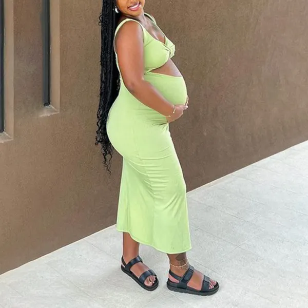 Green Off Shoulder Cut Out Bodycon V-Neck Cute Nitting Baby Shower Maternity Midi Dress - Lukalula.com 