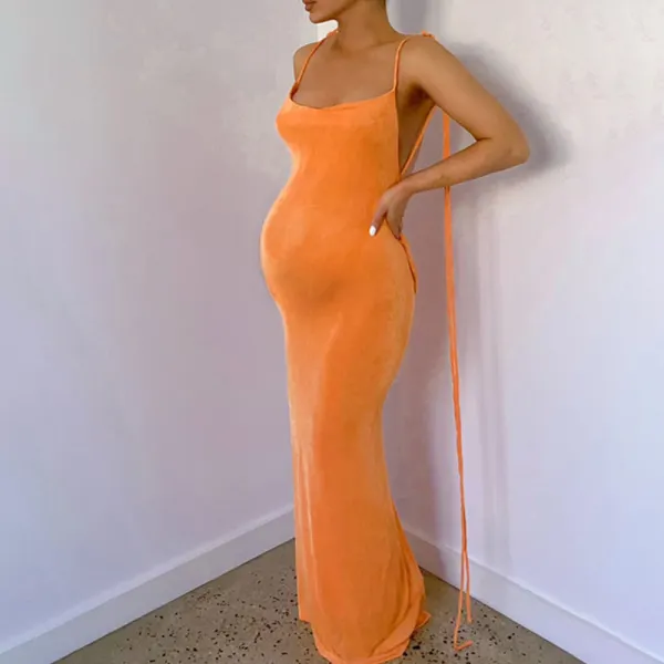 Maternity Orange Spaghetti Strap Draped Backless Sleeveless Cocktail Elegant Maxi Dress - Lukalula.com 